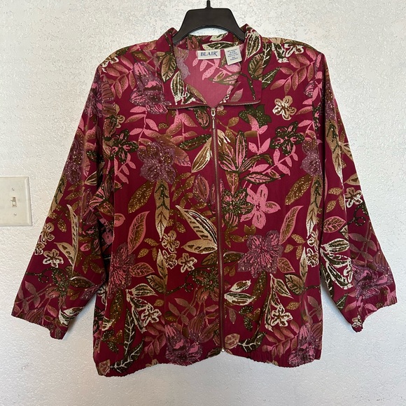 Blair Windbreaker Floral Jacket Vintage Shoulder Pads Zip Up Plus Size 3XL - Picture 1 of 9